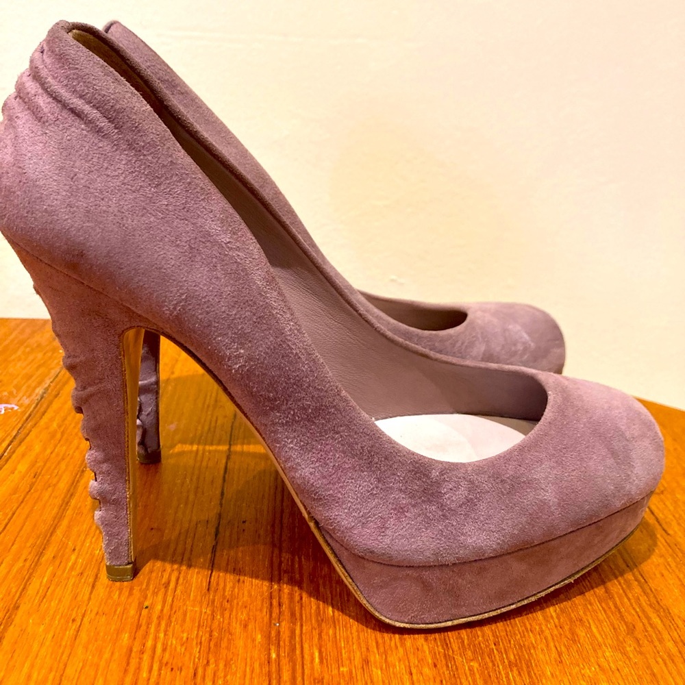 Miu miu pumps stacked heals 39.5 8.5 suede mauve stitch detail Leather soles
